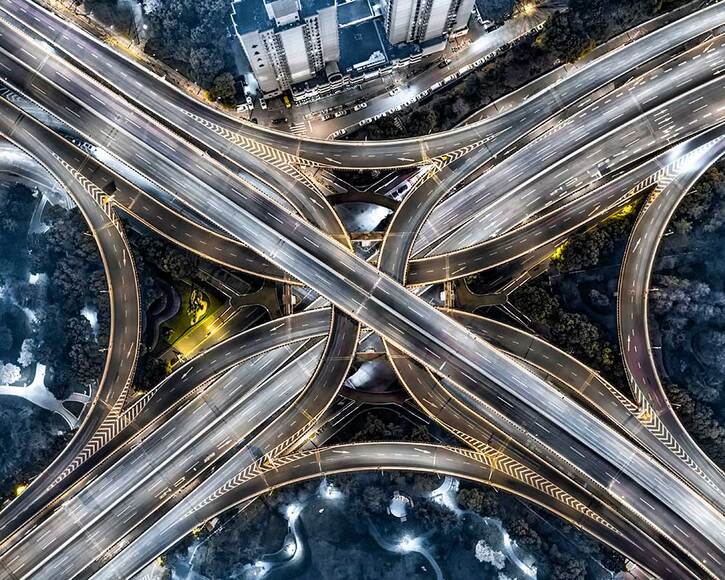 Aerial view of a motorway intersection