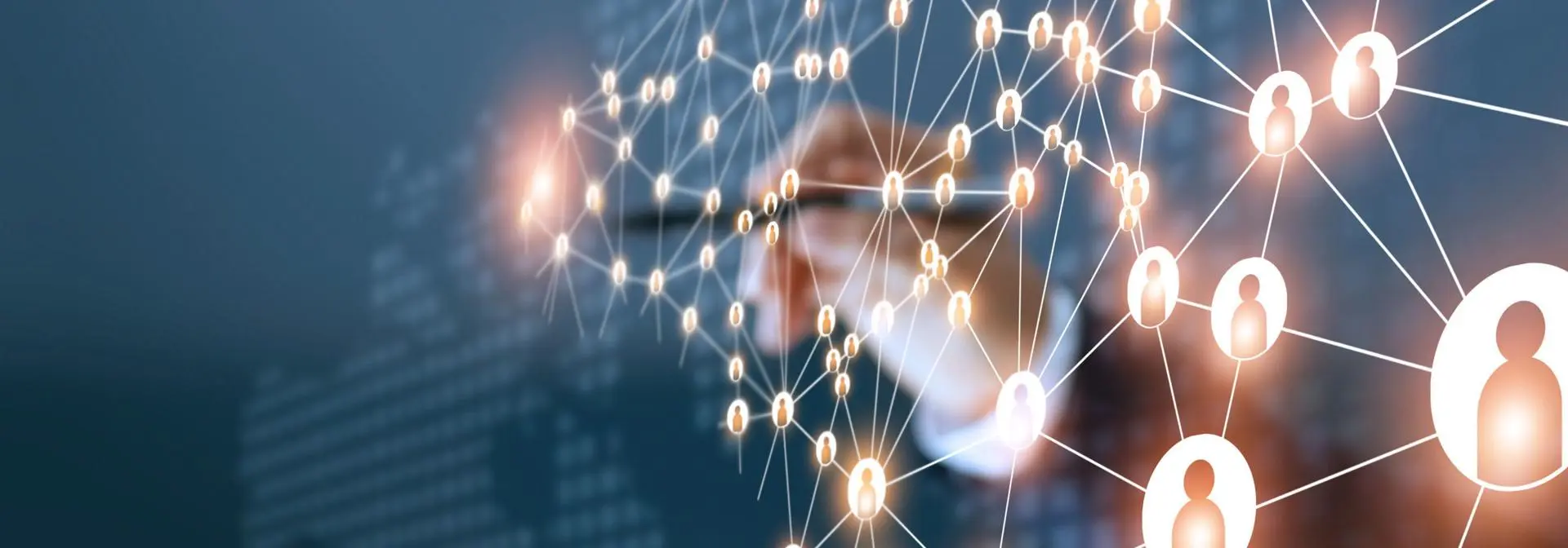 Abstract background featuring a hand holding a pen connecting dots of people to each other.