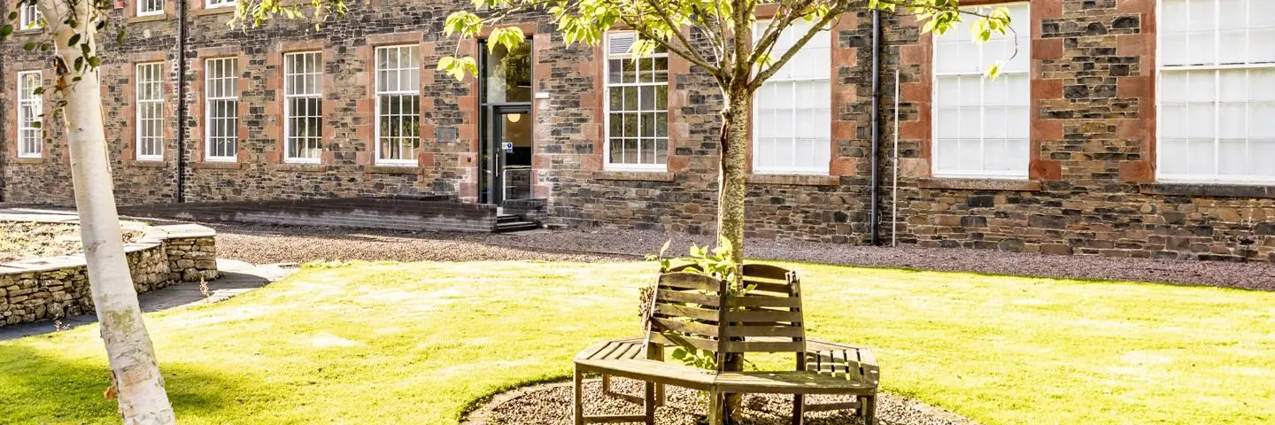 A wooden bench positioned around a tree, surrounded by lush green grass in a serene outdoor setting.