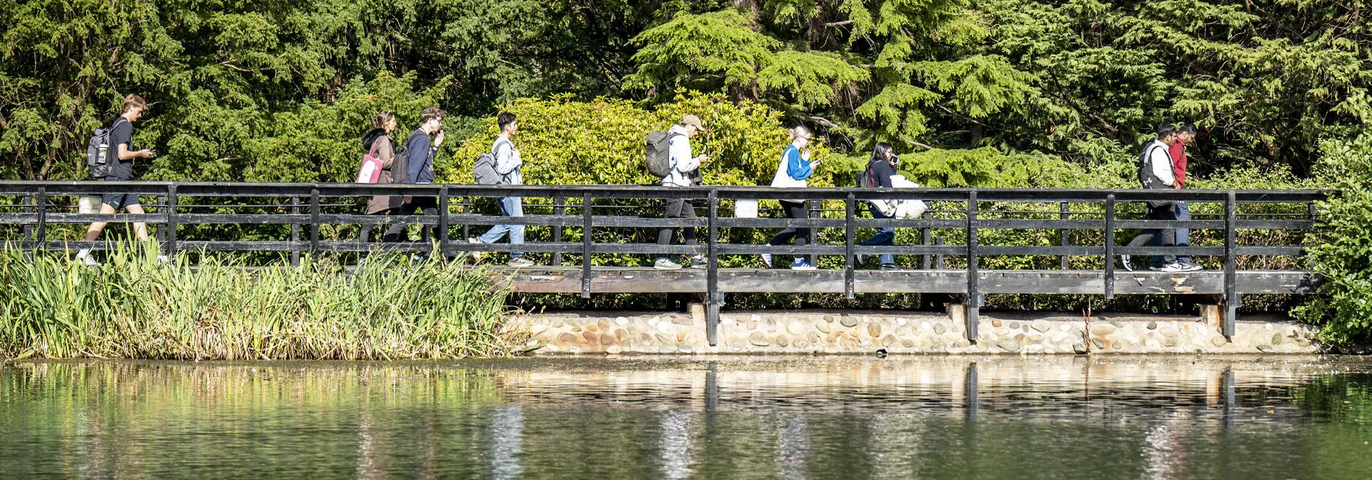 Students walking across a wooden bridge by a reflective Loch, surrounded by lush greenery.