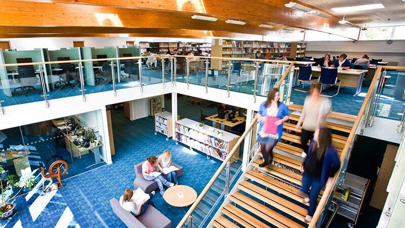 Scottish Borders Campus library Library with stairs and glass railings