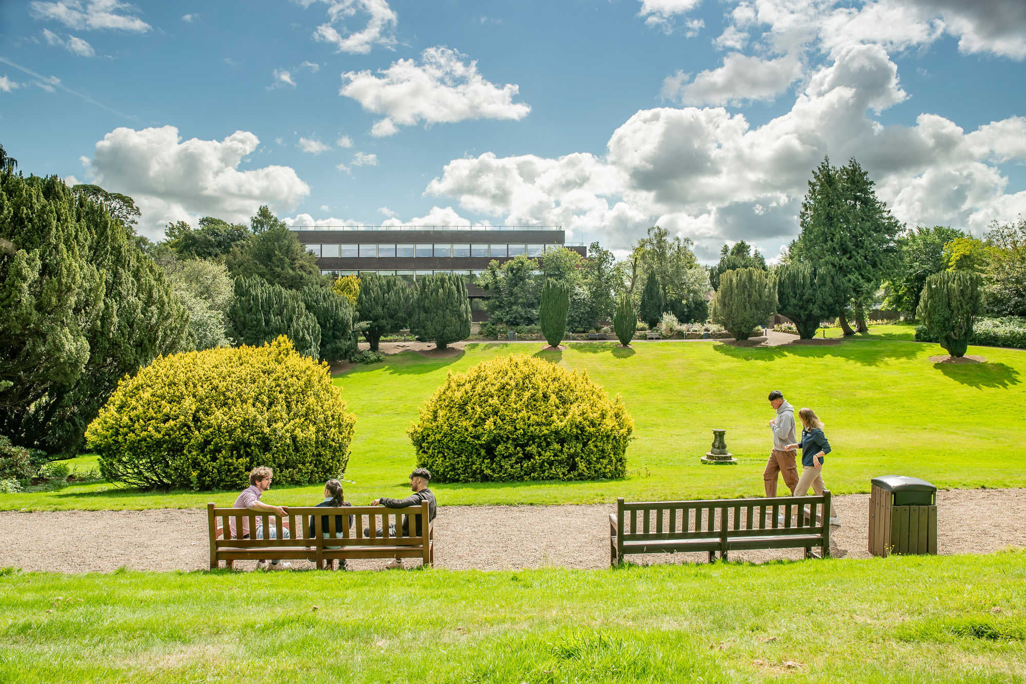 Students in the sunken garden opposite the Cameron Smail Library