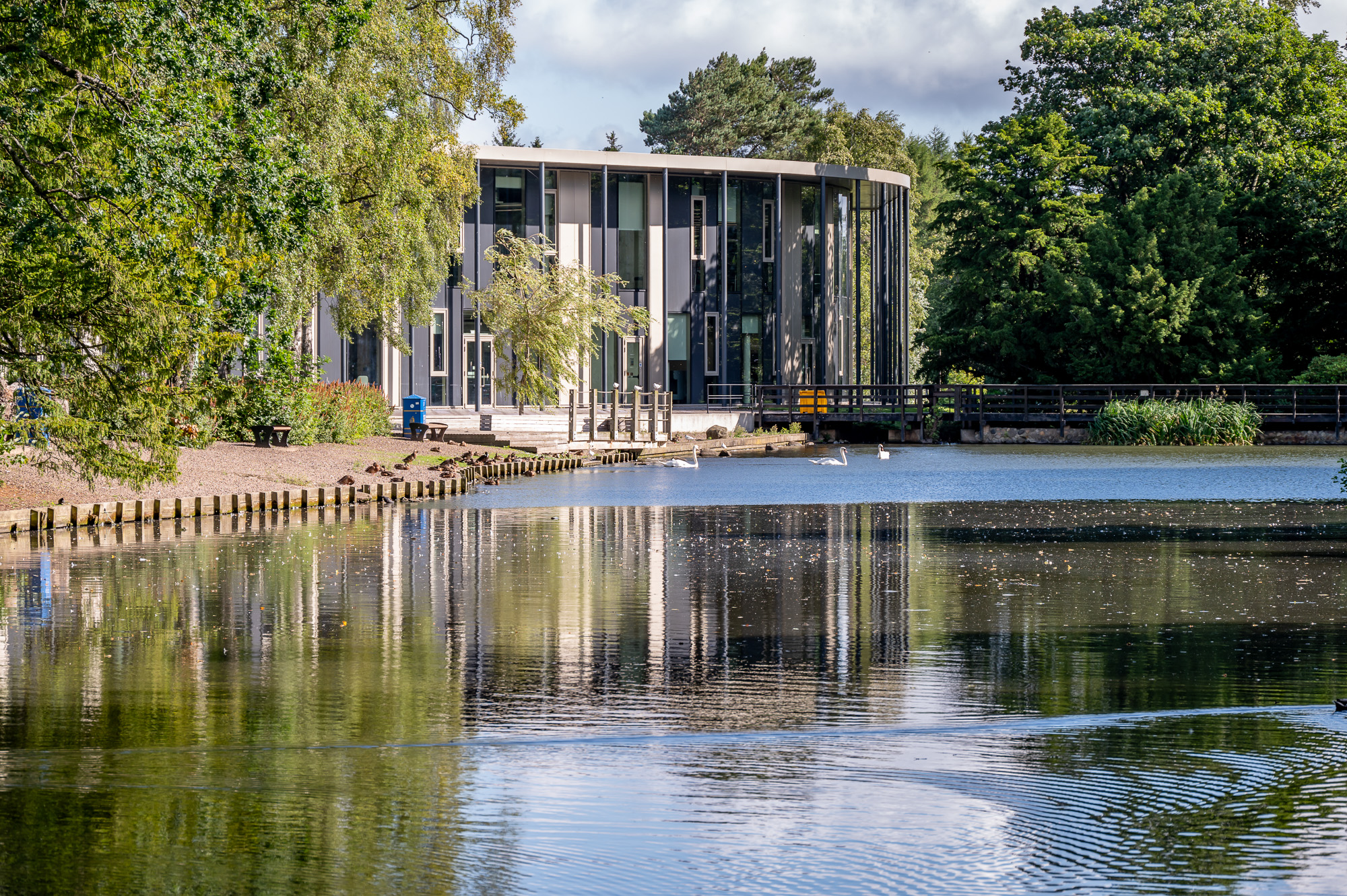A view across the Loch looking towards the GRID building at the Edinburgh Campus.