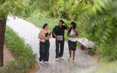 Three individuals walking outside in a park.