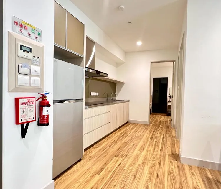 Living hall and kitchen Living hall and kitchen, showing wooden floot and cupboards