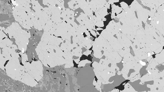 Garnet schist (metamorphic rock), from a thin section. BSE image taken in high vacuum mode, showing contrast between different mineral phases; composite of stitched images with a horizontal field of view of approximately 8mm Garnet schist (metamorphic rock), from a thin section. BSE image taken in high vacuum mode, showing contrast between different mineral phases; composite of stitched images with a horizontal field of view of approximately 8mm