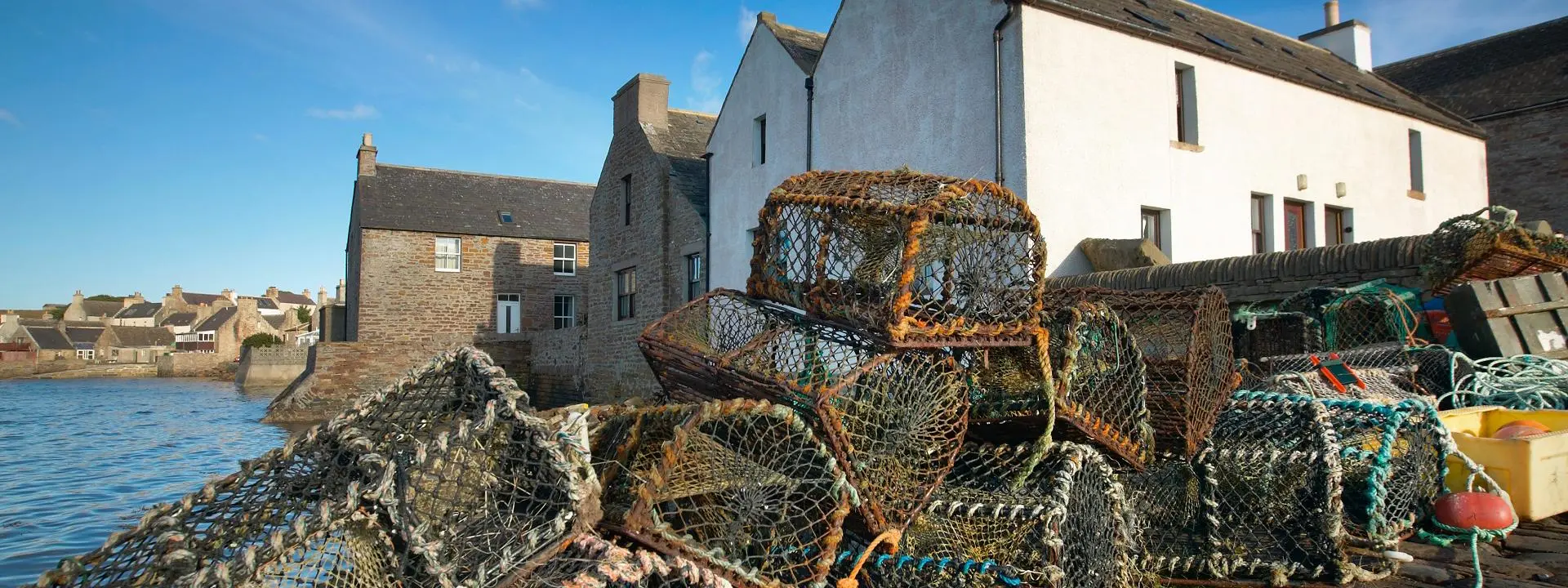 Crab creels at harbour in Orkney