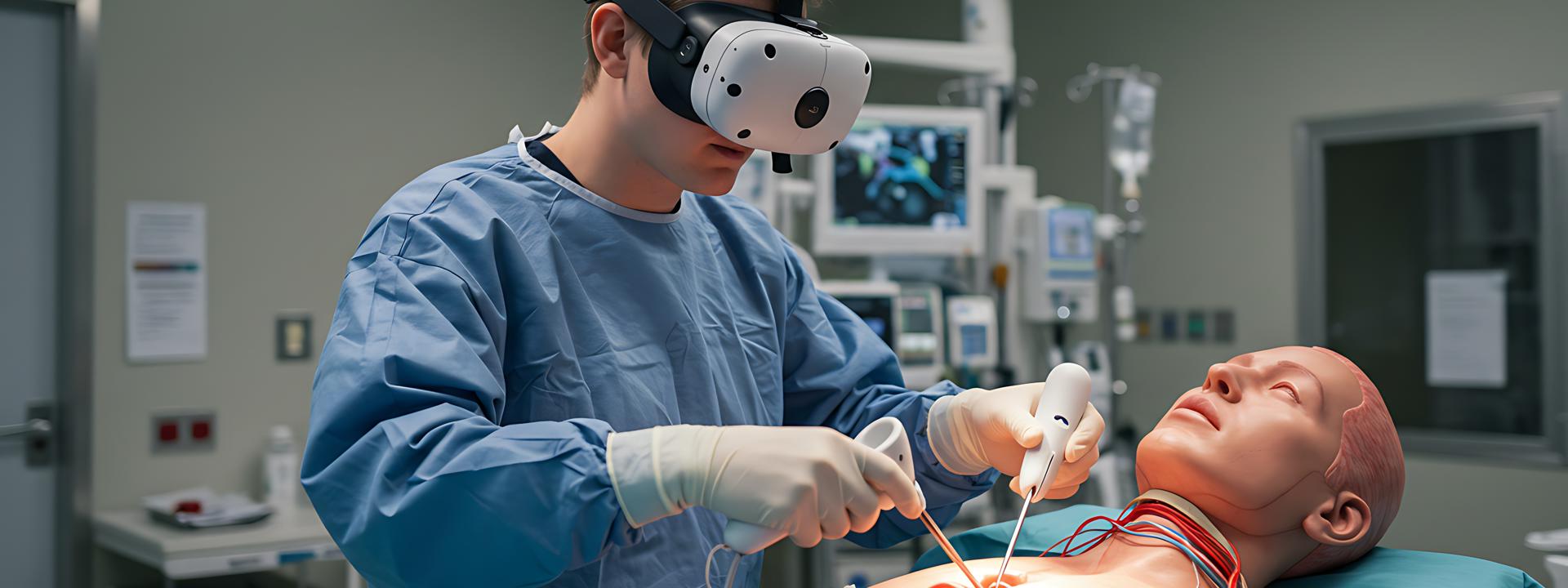 Surgeon using a VR headset to practice operating on lifelike medical robot manakin.
