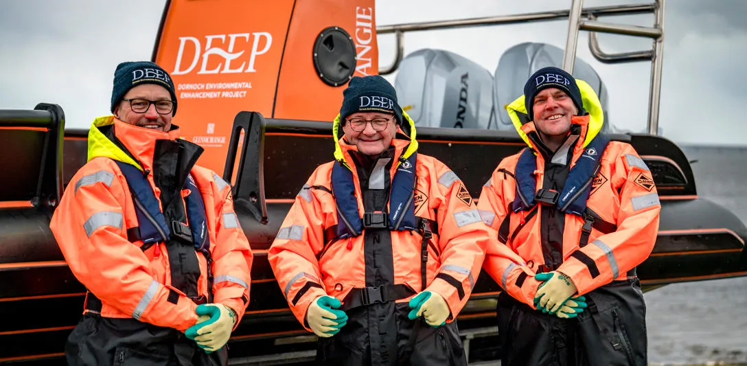 DEEP Project team (L to R) - Professor Bill Sanderson, Lead scientist, Heriot-Watt University, Hamish Torrie, CSR Communications Director, The Glenmorangie Company, Calum Duncan, Head of Policy and Advocacy, Marine Conservation Society. Credit: Charné Hawkes Photography.
