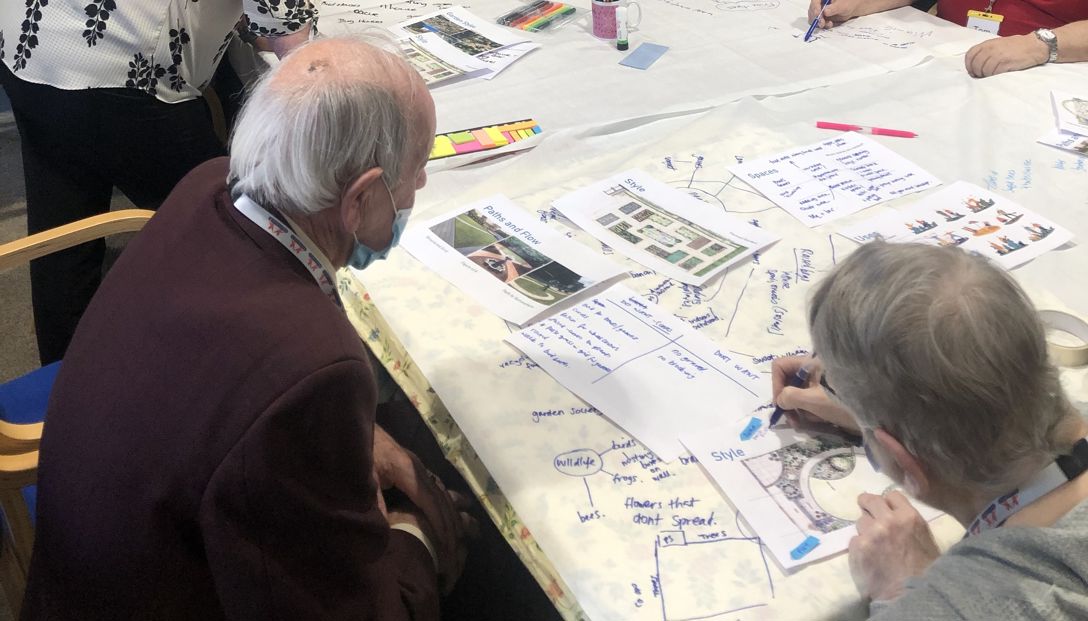 Members of Dr Winton’s research group designing a new dementia garden for an organisation called Kirrie Connections, a dementia-friendly community centre in Kirriemuir. Older people designing plans for a garden.