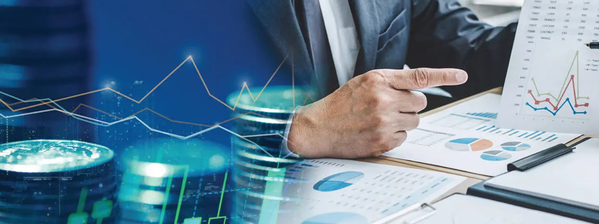 Abstract image of finance professional inspecting data reports