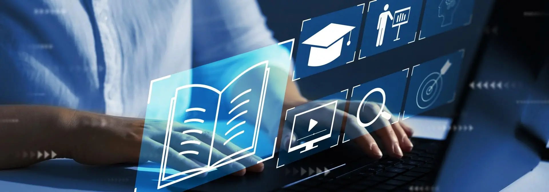 A person types on a laptop keyboard, with floating digital icons.