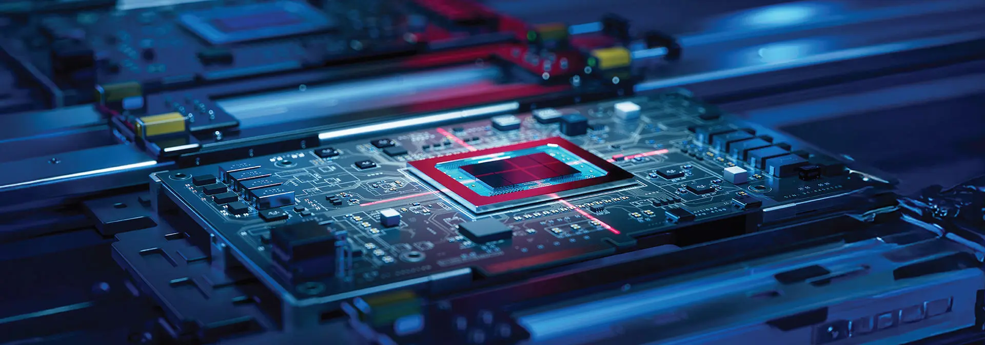 Detailed close-up of a computer motherboard highlighting its complex circuitry and connections.