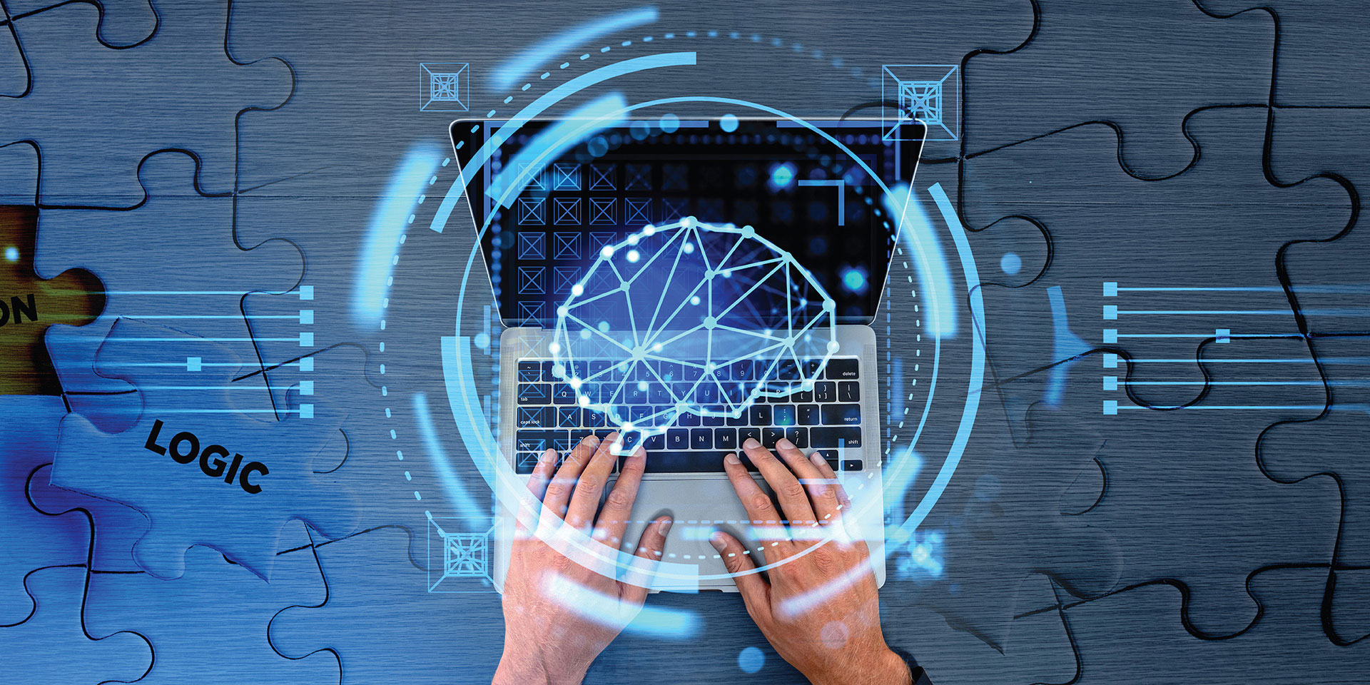 An illustration of a brain linked to a laptop, representing the integration of cognitive processes and digital devices.