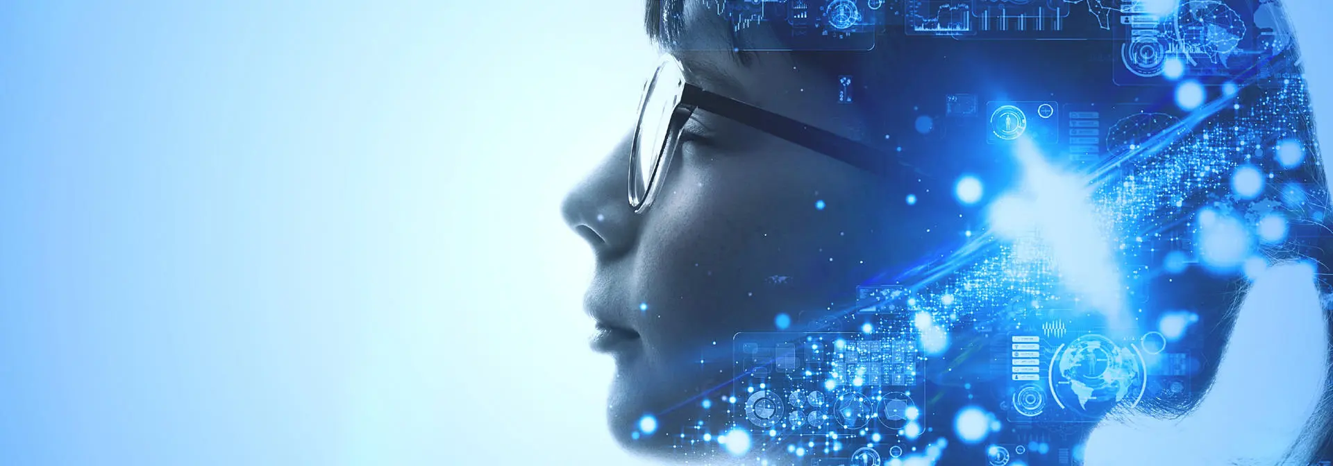 A stylised human head, overlaid with technological elements.