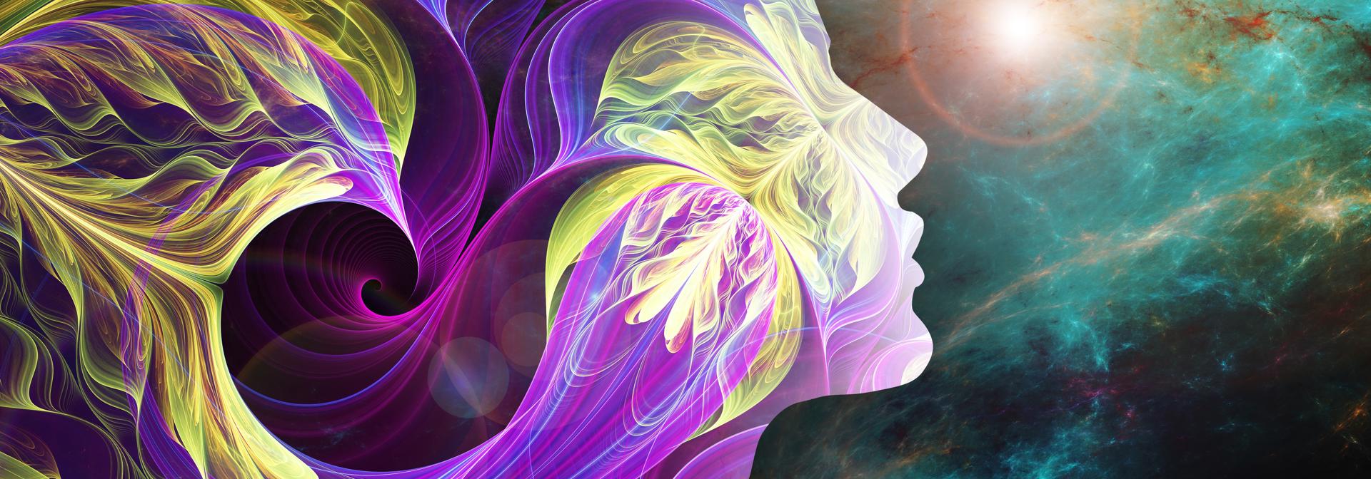 An abstract image of a human profile with swirling colors and a cosmic background