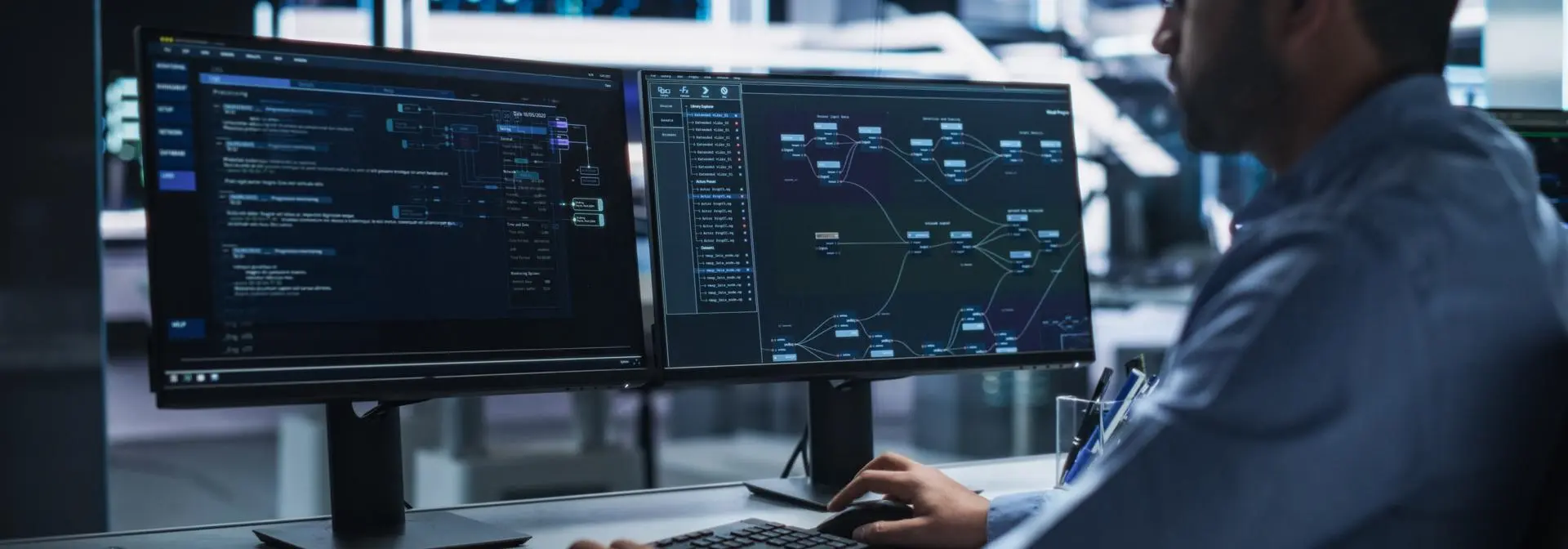Individual working on code on two monitors