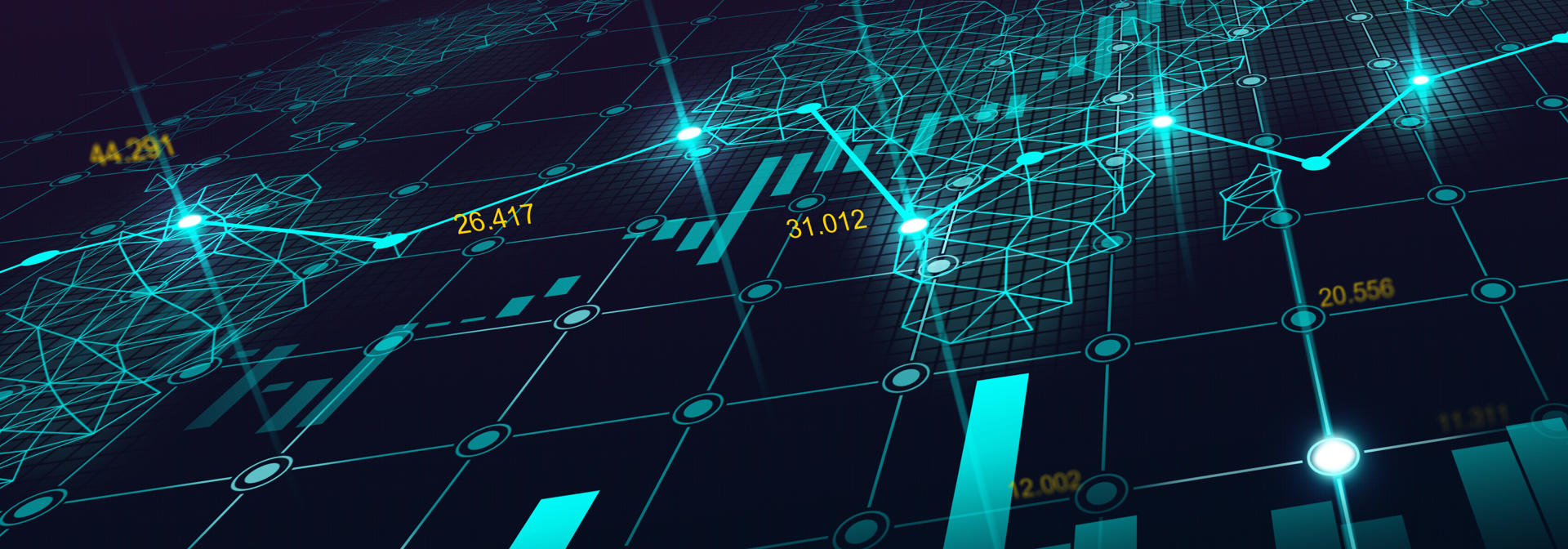 A bar chart showing rises and falls beneath an interconnected map of earth