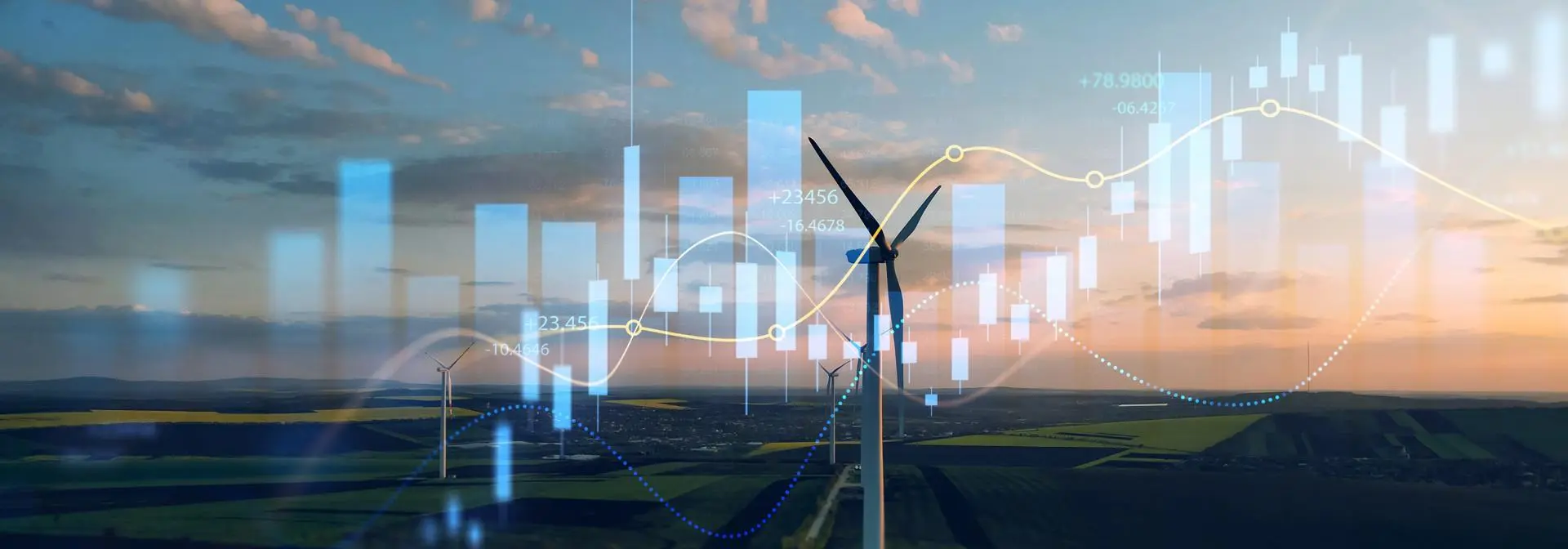 aerial angle of windmill infront of a sunset with overlay of candle chart