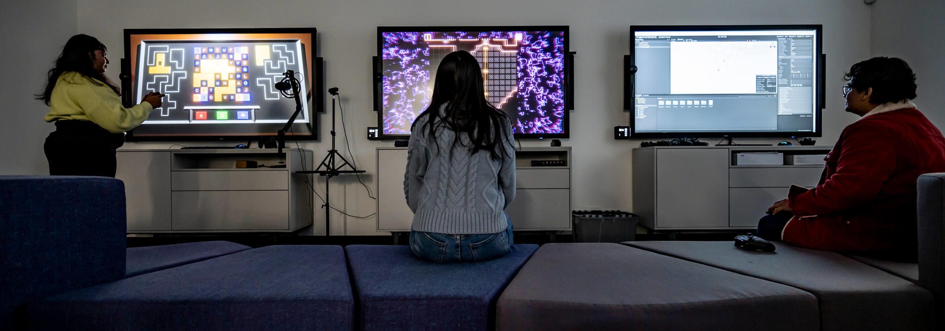 Students in games development and production computer lab