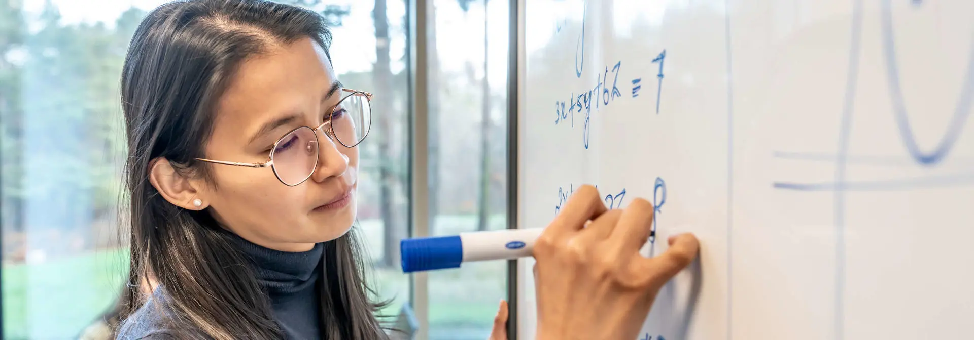 Mathematics student woman writes on a whiteboard