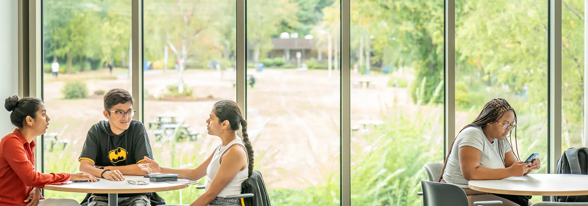 Students sitting at tables beside floor-to-ceiling windows which outlook onto the greenery on the Edinburgh campus.