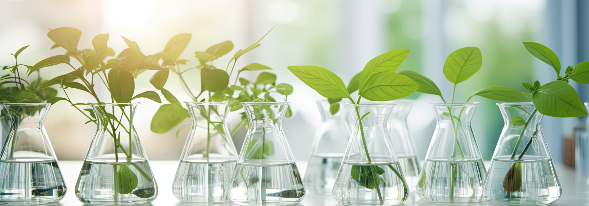 Multiple different propagated plants in beakers