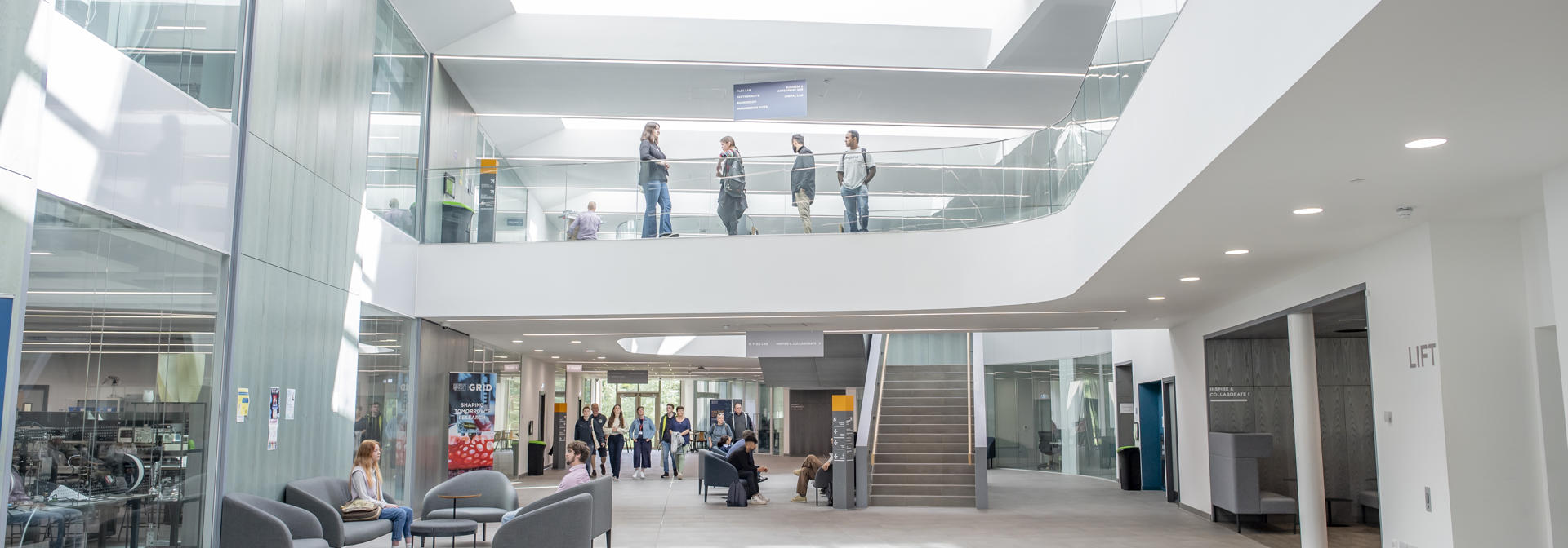 Students on the GRID building lower and mezzanine floors, Edinburgh Campus