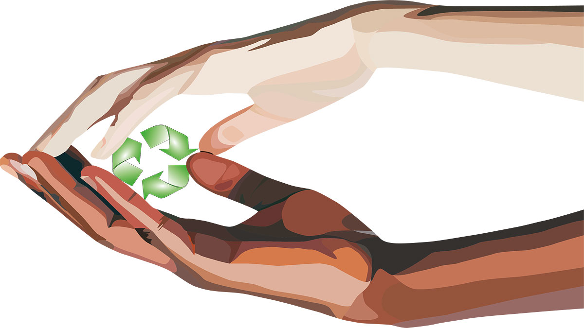graphic of two hands holding a recycling sign