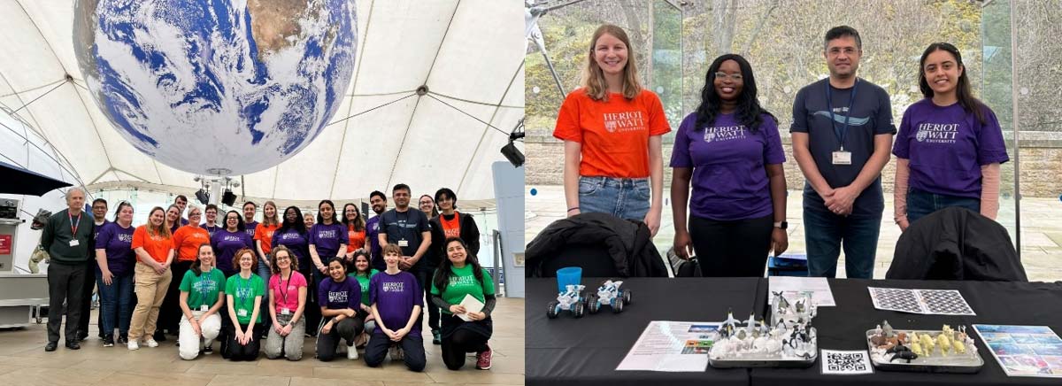 Heriot-Watt students pose for photos wearing a mixture of purple, blue, red and green t-shirts.