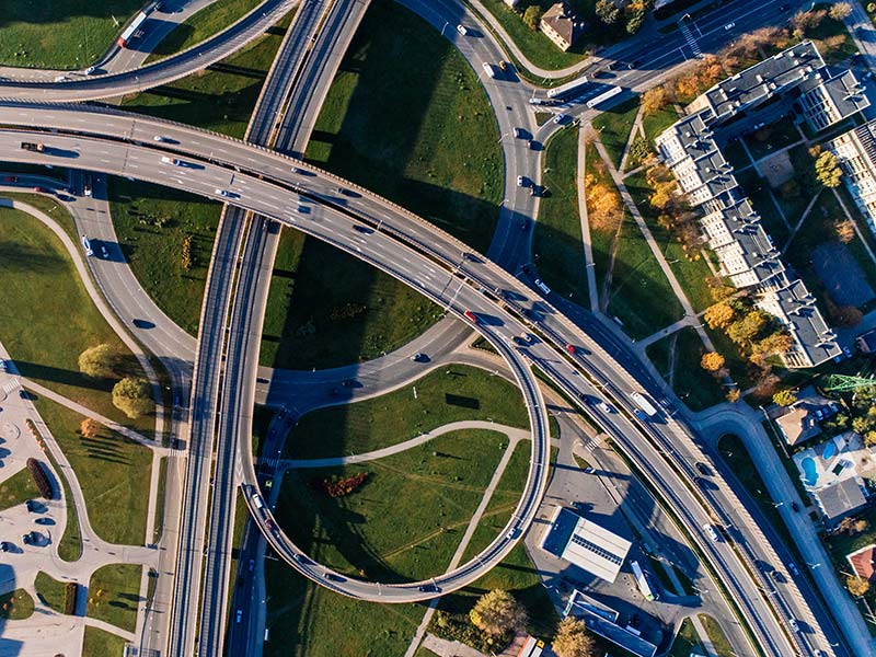 birds eye view of overlapping road junctions