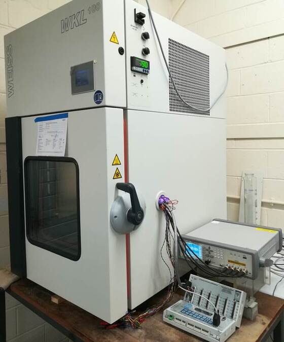 Environmental chamber, auto-ranging data logging and multiplexing unit, and frequency response analyser